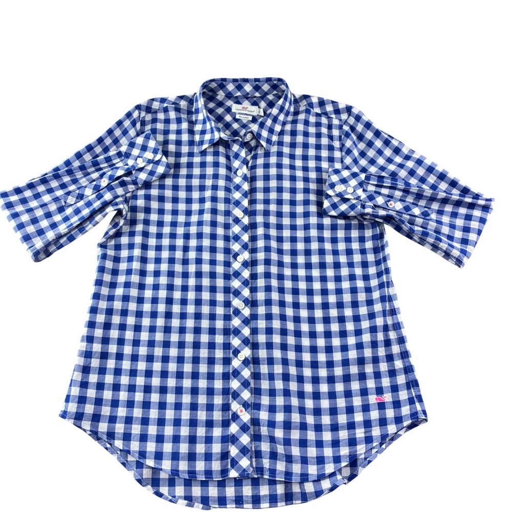 Vineyard Vines Size 6 Blue White Gingham Button Front Shirt Relaxed Fit Preppy - Picture 3 of 8